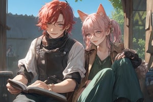 miqo'te, animal_ears, red_hair, book, cat_ears, gloves, avatar_(ff14), short_hair, sitting, heterochromia, holding_book, tail, fingerless_gloves, smile, glasses, jewelry, pink_hair, red_eyes, holding, boots, green_hair, male_focus, earrings, pointy_ears, sitting_on_lap, multicolored_hair, cat_tail, black_gloves, facial_mark, open_mouth, blue_eyes, scar, sitting_on_person, green_eyes, 4boys, looking_at_another, goggles, armor, bangs, black_footwear, scar_on_face, jacket, shirt, coat, cat_boy, long_sleeves, open_book, pants, two-tone_hair, hyur, swept_bangs, outdoors, hair_between_eyes, lalafell, child, black_pants, hand_on_another's_shoulder. (masterpiece:1.3), (best quality:1.3),niji6