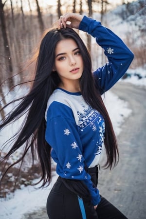 lovely hot cute young attractive teenage girl, 25 years old, cute, an Instagram model, long black_hair, colorful hair, winter, dacing, wear blue ti shirt and pants 