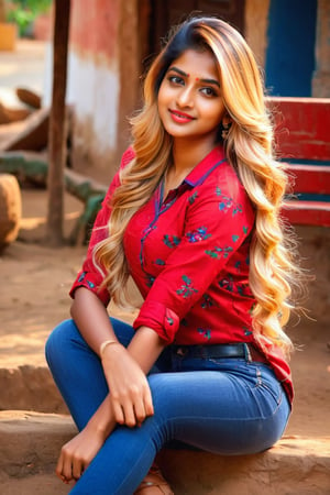 lovely cute young attractive indian village girl, brown eyes, gorgeous actress, 23 years old, cute, an Instagram model, long blonde_hair, colorful hair, winter , Indian, wearing red ti shirt and jeans and 
Seating village 