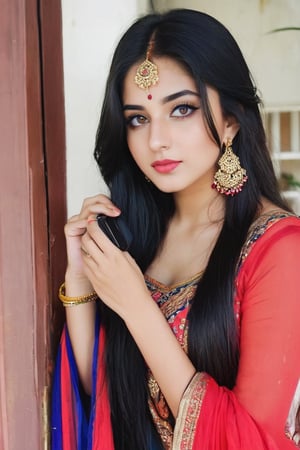 Lovely cute young attractive teenage girl, city girl, 18 years old, cute, an Instagram model, long black_hair, colorful hair one side, clear face,  red salwar and White kamizz, mobile selfie, 