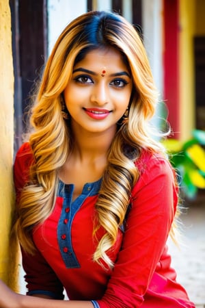 lovely cute young attractive indian village girl, brown eyes, gorgeous actress, 23 years old, cute, an Instagram model, long blonde_hair, colorful hair, winter , Indian, wearing red ti shirt and jeans and 
Seating village 