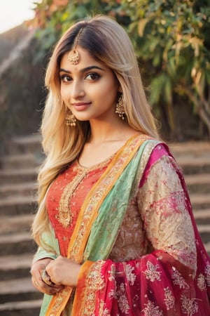 lovely cute young attractive indian girl, brown eyes, gorgeous actress, 23 years old, cute, an Instagram model, long blonde_hair, colorful hair, winter , Indian, wearing salwar-kameez and dupatta