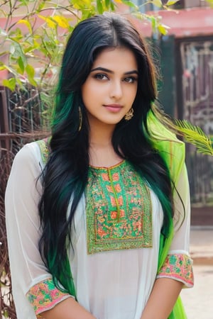 Lovely cute young attractive teenage girl, city girl, 18 years old, cute, an Instagram model, long black_hair, colorful hair one side, clear face,  green salwar and White kamizz, 