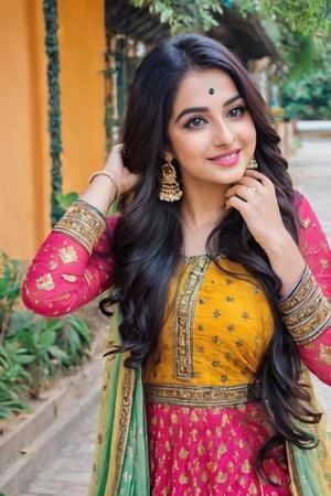 lovely cute young attractive teenage girl, 25 years old, cute, an Instagram model, long black_hair, colorful hair, winter, dacing, wear salwar kameez