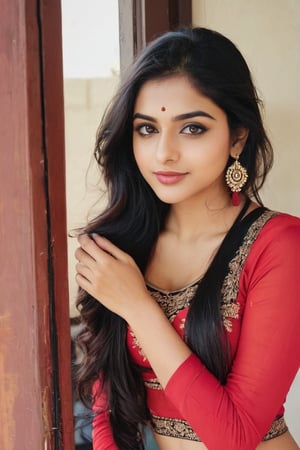 lovely cute young attractive indian girl, brown eyes, gorgeous actress, 23 years old, cute, an Instagram model, long black_hair, colorful hair, winter , Indian, wearing red bra  and pant ,  mobile selfie , stand in school 



