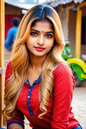 lovely cute young attractive indian village girl, brown eyes, gorgeous actress, 23 years old, cute, an Instagram model, long blonde_hair, colorful hair, winter , Indian, wearing red ti shirt and jeans and 
Seating village 