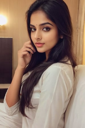 lovely cute young attractive indian girl, brown eyes, gorgeous actress, 23 years old, cute, an Instagram model, long black_hair, colorful hair, winter , Indian, wearing white ti shirt  and pant ,  mobile selfie , setting on hotels 



