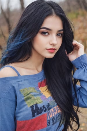 lovely hot cute young attractive teenage girl, 25 years old, cute, an Instagram model, long black_hair, colorful hair, winter, dacing, wear blue ti shirt and pants 