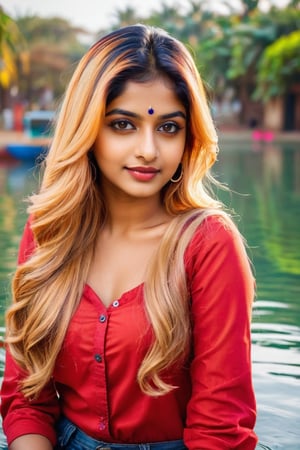 lovely cute young attractive indian girl, brown eyes, gorgeous actress, 23 years old, cute, an Instagram model, long blonde_hair, colorful hair, winter , Indian, wearing red ti shirt and jeans and 
swimming