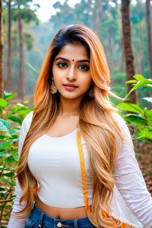 lovely cute young attractive indian girl, brown eyes, gorgeous actress, 23 years old, cute, an Instagram model, long blonde_hair, colorful hair, winter , Indian, wearing wite ti shirt and jeans and 
dupatta forest 