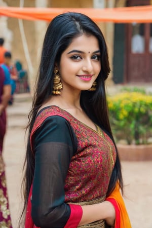 Lovely cute young attractive teenage girl, city girl, 18 years old, cute, an Instagram model, long black_hair, colorful hair one side, shy smile, black red salwar kameez