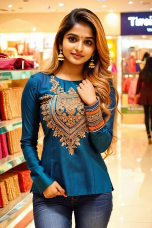 lovely cute young attractive indian girl, brown eyes, gorgeous actress, 23 years old, cute, an Instagram model, long blonde_hair, colorful hair, winter , Indian, wearing blue ti shirt and jeans and 
dupatta shopping mall 