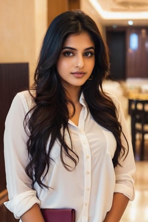 lovely cute young attractive indian girl, brown eyes, gorgeous actress, 23 years old, cute, an Instagram model, long black_hair, colorful hair, winter , Indian, wearing white shirt  and pant ,  mobile selfie , setting on hotels 



