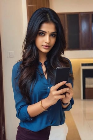 lovely cute young attractive indian girl, brown eyes, gorgeous actress, 23 years old, cute, an Instagram model, long black_hair, colorful hair, winter , Indian, wearing blue shirt  and pant ,  mobile selfie , setting on room



