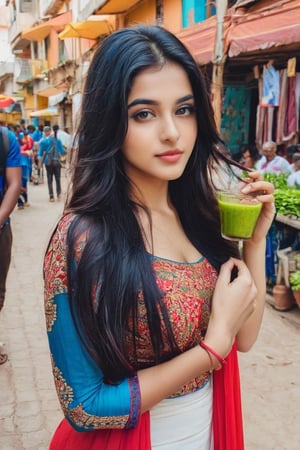 Lovely cute young attractive teenage girl, city girl, 18 years old, cute, an Instagram model, long black_hair, colorful hair one side, clear face,  red salwar and blue kamizz, mobile selfie, 