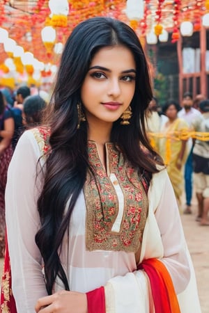 Lovely cute young attractive teenage girl, city girl, 18 years old, cute, an Instagram model, long black_hair, colorful hair one side, clear face, white red salwar and kamizz, mobile selfie, 