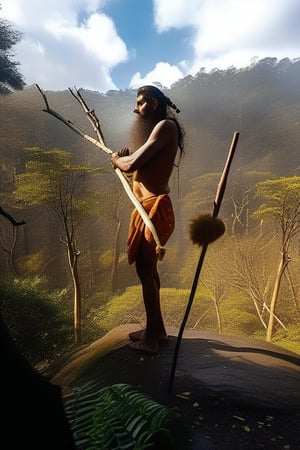 A lone Hindu sadhu stands tall amidst the ancient forest's misty veil, his weathered robes blending with the surroundings. He grasps a gnarled wooden staff, its twisted branches like nature's own wisdom. Soft dappled light filters through the canopy above, casting intricate shadows on the earthy floor.