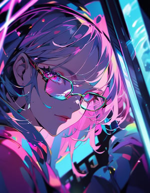 Closeup of a woman under neon light, with reflection of the light in her glasses