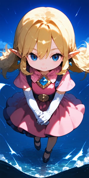 score_9, score_8_up, score_7_up, score_6_up, perfect_hands, source_anime, 1 girl, solo, toon zelda, long hair, blonde hair, pointy ears, makeup, elbow gloves, dress, pink dress, white gloves, jewelry,chibi, blue eyes, black eyes, hands together, prayer pose, inside a magic diamond, in the middle of the sea, above the sea, strong storm, strong wind, turbulent sea, lightning, rain, dark theme, more detail XL, score_9_up,