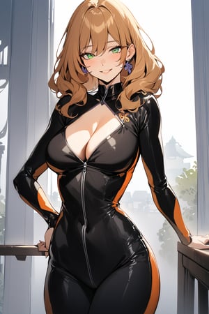 ((masterpiece, 1girl)), best quality, standing. smile. looking at camera. A brunette girl wearing a bikesuit. Blond hair, messy hair. shag haircut. Green_eyes. tall. black clothing with orange accents. sporty. earrings. cleavage, Lisa, Genshin impact 