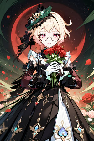 a field of red roses with a moon in the background, neoromanticism, holding a bouquet of flowers in hands, aesthetic, Emilie, Genshin impact, 1girl, black wedding dress, more detail XL