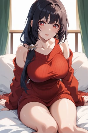 score_9, score_8_up, score_7_up, score_6_up, Score_Anime, expressive eyes, perfect face, solo girl, mature_woman, Yun jin, Genshin impact, bare head, jet black hair, long hair, breasts, large breasts, deep red eyes, Skin-tight, sweater, collarbone, off shoulders, bottomless, bedroom, exposed thighs, bare head 