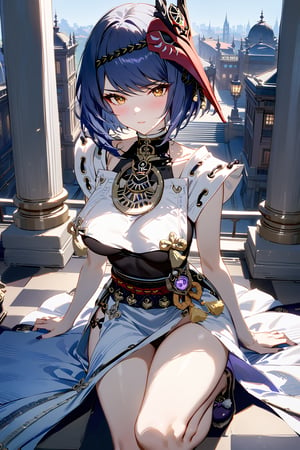 Highly detailed, high quality, masterpiece, beautiful, kujou Sara, Genshin impact, alternate costume, big breasts, short indigo hair, tight light blue dress, bare thighs, insecure look, blushing, tilted view from above, purple sneakers, background: elegant building, warm light, white and brown checkered floor, marble columns, lamps on the wall,ku70u5a4a, golden eyes, bare head