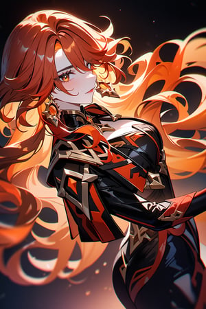 masterpiece, best quality, newest, ultra-detailed, 8k UHD, very aesthetic, 1girl, solo, perfect face, balanced, dark background, depth of field, lighting from above, exquisite details, vibrant, close up, Mavuika, Genshin impact, very long hair, red hair, wavy hair, bodysuit, cropped jacket, black gloves, black footwear, collar, earrings

