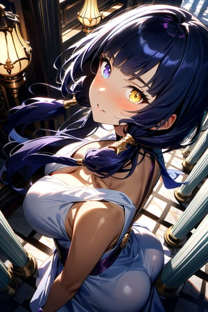 Highly detailed, high quality, masterpiece, beautiful, Candace, Genshin impact, dark blue hair,  hairstyle in low pigtails with cut back part, hair original, big breasts, tight light blue dress, bare thighs, insecure look, blushing, tilted view from above, purple sneakers, background: elegant building, warm light, white and brown checkered floor, marble columns, lamps on the wall,candace-dh, heterochromia iridum, dark blue right eye and golden yellow left eye, bare head, brown skin