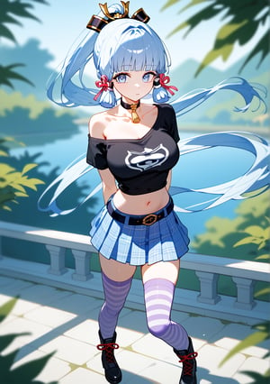 1girl, solo, long hair, ayaka kamisato, Genshin impact, blunt bangs, blue eyes, blue hair, hair ornament, hair ribbon, hair tubes, long hair, ponytail, tress ribbon, large breasts, looking at viewer, skirt, shirt, thighhighs, navel, bare shoulders, standing, collarbone, full body, short sleeves, boots, alternate costume, choker, midriff, striped, belt, miniskirt, off shoulder, black footwear, zettai ryouiki, crop top, parted bangs, plaid, black shirt, plaid skirt, arms behind back, casual, striped thighhighs, purple skirt, off-shoulder shirt, purple thighhighs, vivid color, masterpiece, best quality, amazing quality, very aesthetic, absurdres, depth of field, score_9, score_8, score_7, score_6,sexy girl,1girl