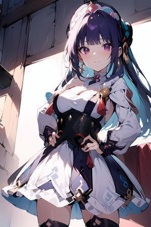 1 girl, alone, long hair, violet hair, shiny hair, eyelashes, blunt bangs, rose eyes, detailed eyes, sad eyes, original hair style, makeup, smile, big breasts, white dress, dress, split sleeves, cleavage, choker, thigh high stockings, perfect light, ornate clothing, earrings, standing, hands on hips, very sad, melancholic expression, sad expression, happy smile, beautiful rustic castle, best quality, masterpiece, perfect light, incredibly detailed, from the side, beautiful, anal, stretch with fingers, pubic hair, yunjin, spread anus under clothes