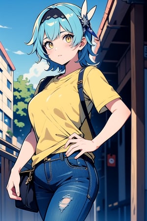 outdoors, tokoyo city, 1 girl, solo, Eula, Genshin impact, Short hair, blue hair, original hair style, yellow eyes, t shirt jeans, holing a purse