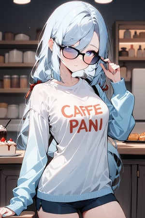 1girl, solo, Shenhe, Genshin impact, blush, original hair, alternate costume, shirt, long sleeves, white shirt, indoors, sunglasses, text "Cafe con pan" in the t-shirt, vivid color, masterpiece, best quality, amazing quality, very aesthetic, absurdres, depth of field, score_9, score_8, score_7, score_6,sexy girl