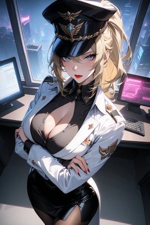 masterpiece, best quality, absurdres, very aesthetic, ((she judging you silently)), 1girl, solo, milf, Jean, Genshin impact, alternate costume, blond hair, medium hair, original hair style, Ponytail, gray-blue eyes, large breasts, standing, emotionless expression, [red lips:0.4], cleavage, white jacket, long jacket, black shirt, pantyhose, black pencil skirt with side slit, ((military_uniform, military hat)), 8k UHD, arms_crossed, niji6, ((male POV)), head tilted right, ((close up to you, from above)), BREAK, masterpiece, best quality, window, office room, night, cyberpunk city, neon light, computers, indoors