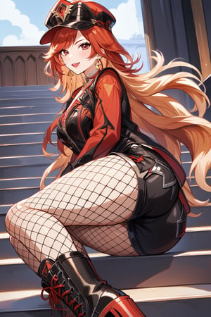 B0gl4rka_4ntal, 1girl, fishnet pantyhose, hat, fishnets, boots, red hair, black shorts, sitting on stairs, long hair, lipstick, makeup, choker, black footwear, red lips, red eyes, shirt,Mavuika, showing the ass