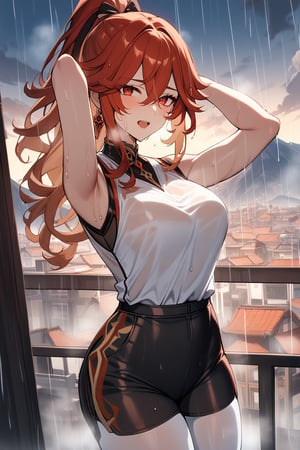 1 girl, solo, mature_woman, mavuika (Genshin impact), alternate costume, red hair, red eyes, open mouth, close up, facing viewer, high ponytail, arms up, steaming body, (rain), white shirt, cool shirt, sleeveless, white pantyhose, pantyhose under shorts, cool shorts, black shorts, wet, wet hair, wet pantyhose, balcony, skyscraper, mountain, city, sky, cloud, fog