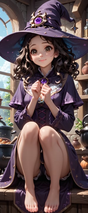 score_9, score_8_up, hi-res, 8k, anime style. An intricately detailed witch (1girl, long black curly hair, witch's hat and ornate witch's robes, dissatisfied look on her face, arched eyebrow, deep brown eyes, detailed cute face) looking down at a (small malformed but cute creature ) sitting at her feet looking back up at her adoringly. Background is a cozy cottage with a bubbling cauldron.