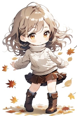 Simple background, Japanese pattern background, A chibi girl in a wool sweater and corduroy skirt, leather boots, warming herself against a chilly breeze in Autumn