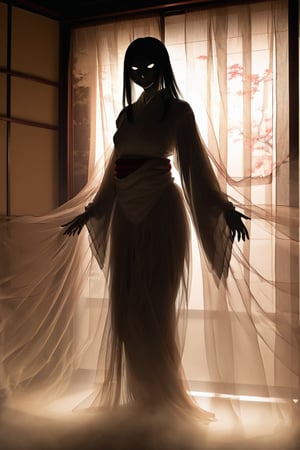 score_9, score_8_up, masterpiece, detailed image of a silhouette of 1woman(Japanese YukiOnna, yurei, white skin, blank eyes, cold ghastly smile, silhouetted body) standing behind a tulle curtain, backlight, background of an old style Japanese room