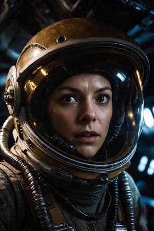 Astronaut's Fearsome Confrontation: A close-up shot of a terrified female astronaut, helmet and visor down, her amber eyes riveted on the approaching Alien Xenomorph reflected in her visor. The spacecraft's dark, claustrophobic atmosphere is illuminated by dynamic lighting, casting eerie shadows that seem to writhe like tendrils.