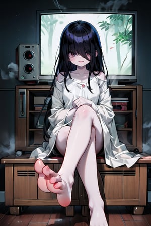 A super-cute chibi anime version of Sadako (yamamura sadakofrom The RIng, long,straight black hair over eyes obscuring one eye, long black hair, wearing a loose plain white cotton nightgown,  (Hair over eyes)barely visible red eyes, pale skin,show feet,Sole of foot,sitting,cross leg) sitting on top of a single televsion with her legs crossed, closed-mouth smile, looking at the viewer and blushing