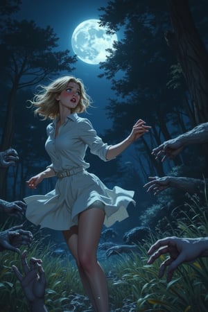 A midnight terror unfolds as a 21-year-old American girl, with sharp features and sandy-blond hair, cowers in her short white skirt and unbuttoned shirt amidst a dark forest lit only by the moon. Grey hands burst forth from the ground, grasping at her ankles as she dodges and tries to escape the eerie grasp. The wind whips up her loose skirt, revealing her ((terrified expression)) and blushing cheeks. In this haunting scene, the girl's 80s-inspired hairdo seems a cruel irony amidst the chaos, as she struggles to free herself from the grasping hands of the unknown. Masterpiece-style artwork captures the high-quality detail of the midnight terrors that lurk beneath the forest floor.