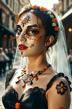 score_9, score_8_up, score_7_up, 8k, (very detailed), high detailed texture, depth of field, close-up 3/4 portrait of a young woman walking in the middle of a nighttime festival, down a busy street, wearing a black victorian lace dress with her face done up in ((Dia de los Muertos)) Makeup, (face partially hidden by a black lace veil)