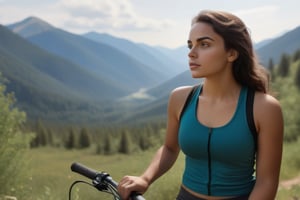 from front: 1.4, RAW photo, 8k uhd, high quality, hyperdetailed, Analog style, hyperrealistic, Masterpiece. Dramatic. A  21-year-old American girl with sharp features, ,slender frame, light skin, and black hair slightly curled from the wind. Her cute face serenely looks out over a valley as she ((sits on the ground next to her mountain bike, one leg stretched out and one knee bent, ((drinking from a water bottle)), flushed cheeks, brown eyes taking in the scenery. The dense mountain forest background provides an immersive setting for this petite rider in a long tank top and biking shorts.,Extremely Realistic,gorgeous mountain valley scene,cycling shorts,Photorealistic,realistic hands