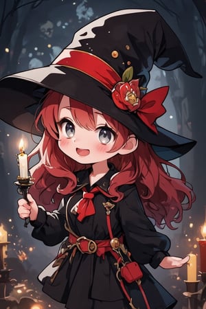 score_9, score_8_up, score_7_up, source_anime, 1girl(cute chibi girl, ((Chibi character)), witch, with long red hair girl, freckles, grey eyes, holding a candle). She is staring intently at the viewer. Dark spooky background