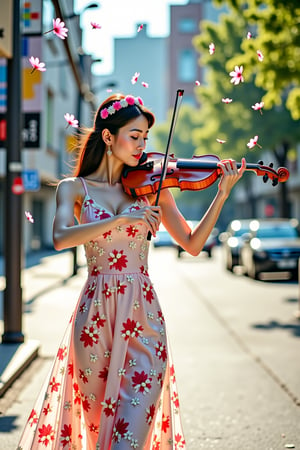 cinematic, 8k uhd, dslr,The image is rendered with raw, unpolished filter, emphasizing depth of field and bokeh effects achieved through the Canon EF 100-400mm f/4.5 lens. A Korean woman stands on a streetcorner wearing a flowery sun dress. The dress clings to her slender frame as she plays an electric violin. As she plays the violin, the flowers begin to fly off of her dress and turn into musical notes that float overhead. Her face is serene and her eyes are closed as she loses herself to the music.,VNS_Add more details