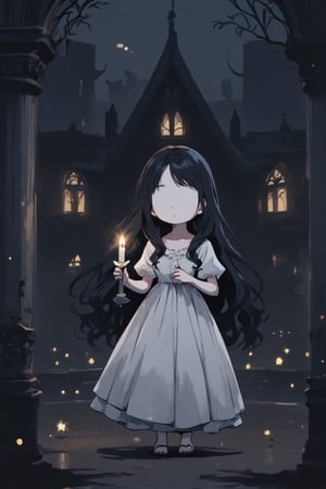 score_9, score_8_up, masterpiece, cute, anime, chibi, 1girl(black blank eyes, white skin, long dark hair, expressionless, wearing a nightgown, holding a candle) standing in a dark old haunted house