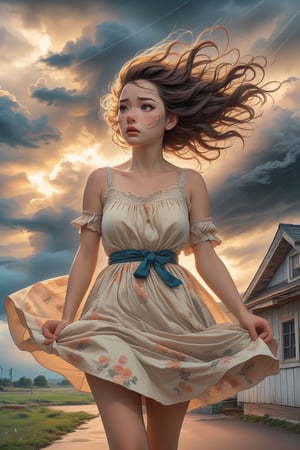 score_9, score_8_up, masterpiece, detailed 1girl(cute, look of concern on her face, looking away from the viewer towards the dark clouds, wearing a light-colored sundress that is blowing in the wind) standing on the porch of an old house, (looking away from the viewer), watching an approaching thunderstorm. Dark clouds, ominous atmosphere, windy, highly detailed. Background is a stormy countryside, rural environment, rustic feeling.