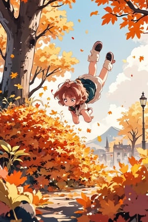 1girl, cute, anime, dynamic pose, diving(doing a cannonball) into a very tall, large pile of leaves in the middle of autumn, backdrop of a sunny autumn day