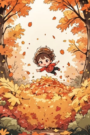 1girl, cute, anime, chibi, dynamic pose, diving(doing a cannonball) into a very tall, large pile of leaves in the middle of autumn, backdrop of a sunny autumn day